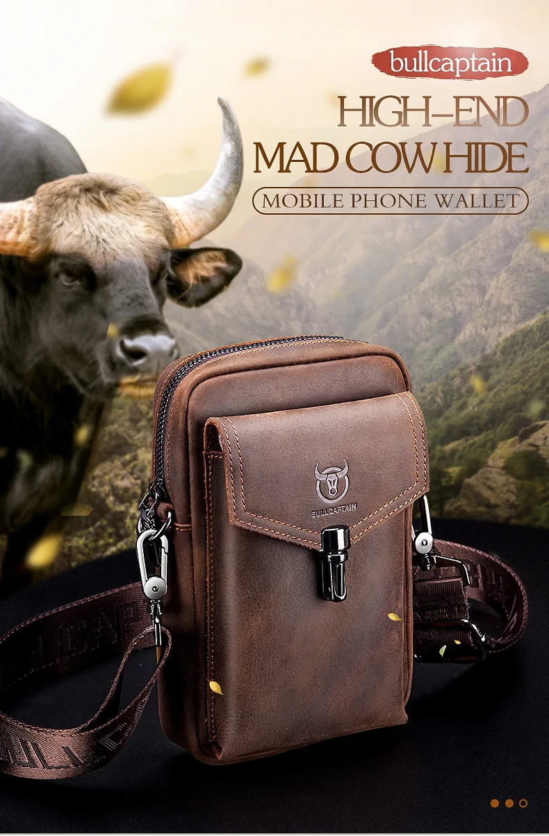 BULLCAPTAIN Crazy Horse Leder Herren Gürteltasche Handy-Hüfttasche Oberste Schicht Rindsleder Einzel-Schulter Crossbody Handytasche – Detail 1