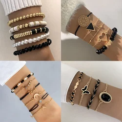Docona Bohemia Vintage Love Heart Bracelet Set for Women Ethnic Round Bead String Geometric Alloy Metal Holiday style Jewelry