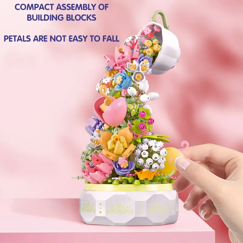 575PCS Teacup Flower Lighting Music Box Building Blocks Waterfall Flower Bouquet DIY Model Bricks Toys For Kids Holiday Gifts