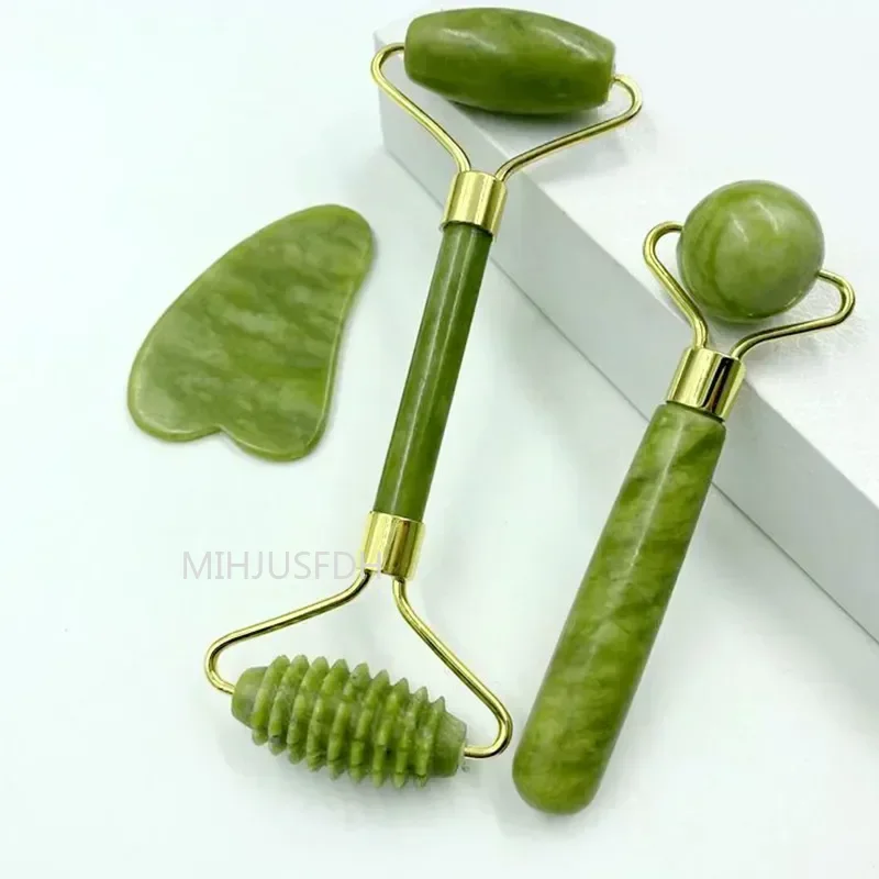 Rouleau de massage en jade naturel pour le visage, le corps, le dos et les pieds, rouleau de massage pour le lifting du visage, anti-rides, pierre de jade Gua Sha double face.