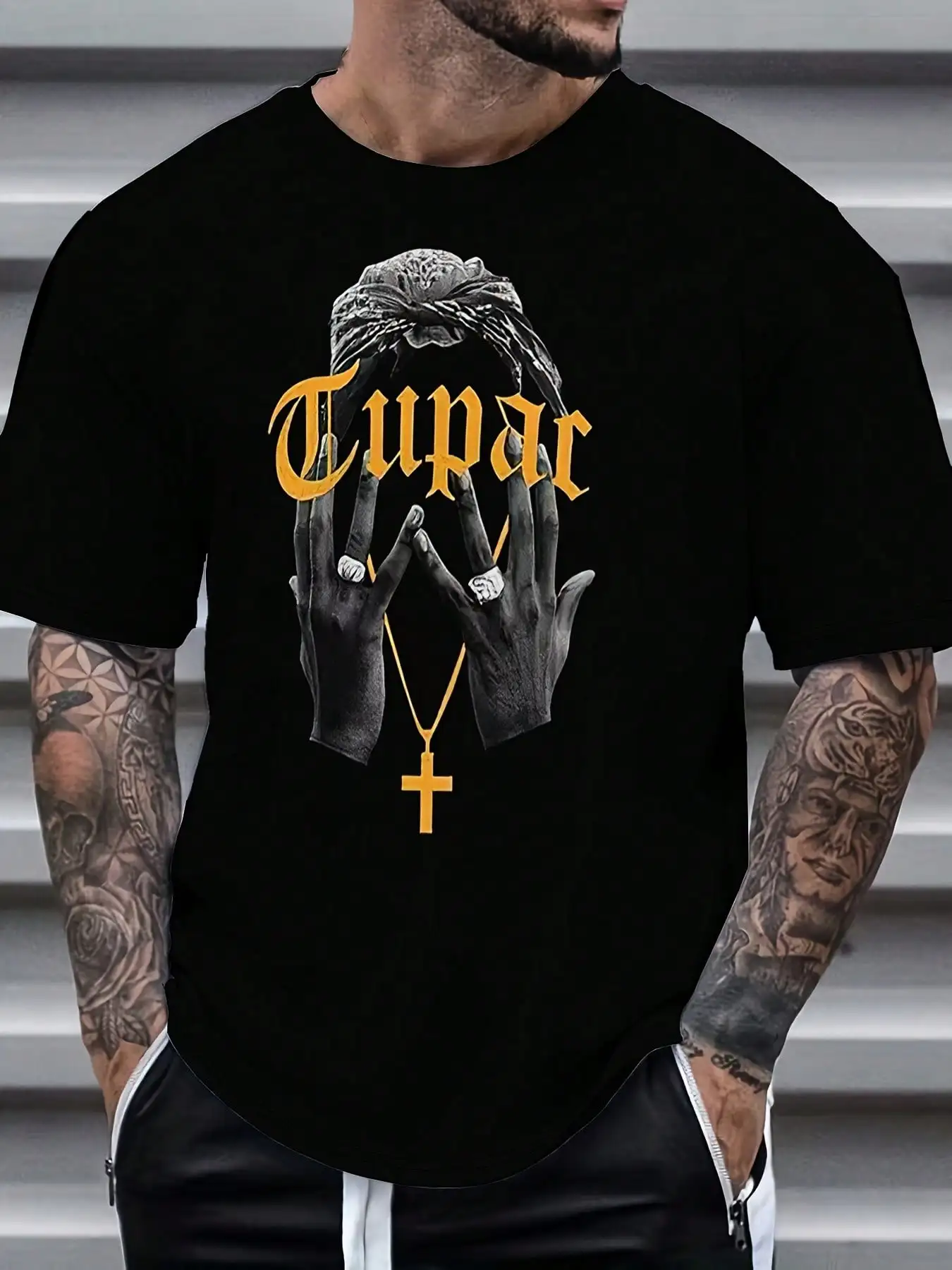 

Men's Black Short Sleeve T-Shirt with Bold TUPAC Letter Print Unique Hand Design Casual Crew Neck for Spring Summer Outings
