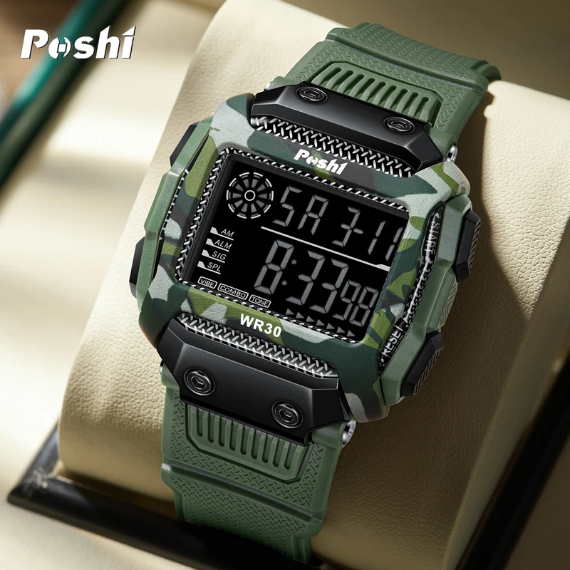 POSHI Man Digital Watch Luxury Outdoor Sport Wristwatch Stopwatch Calendar Luminous Electronic Clock 30M Waterproof