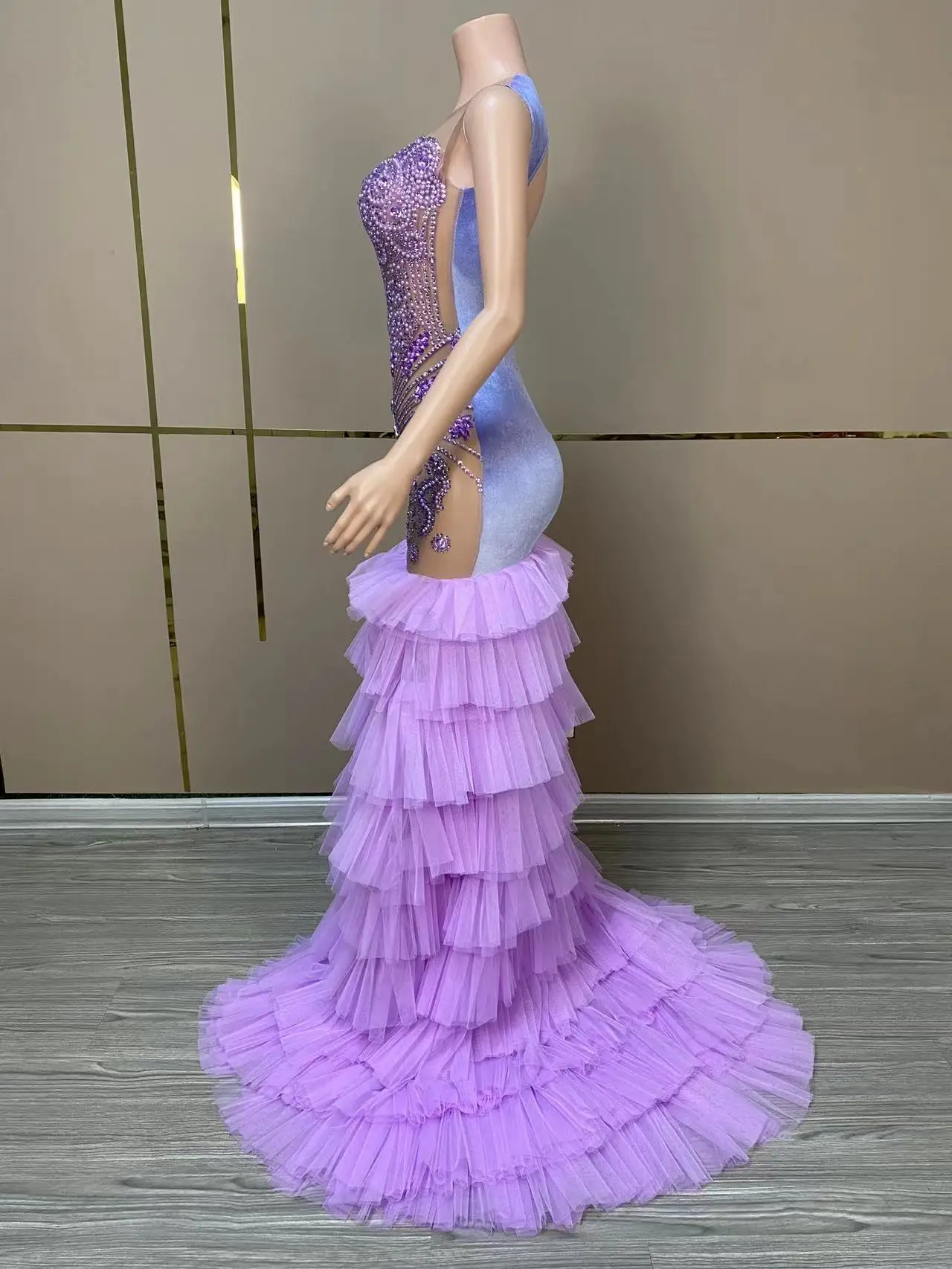 Sexy Stage Long Purple Rhinestone Prom Dress Mermaid Style Fitted Silver Purple Mesh Black Girl Prom Formal Photoshoot Gowns