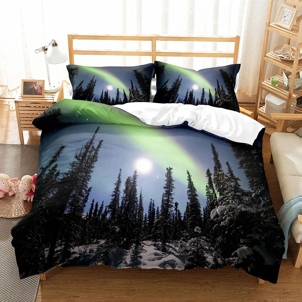 Natural Aurora Duvet Cover Dreamy Galaxy Arctic Aurora Comforter Cover Jungle Trees Bedding Set Star Northern Lights Room Decor