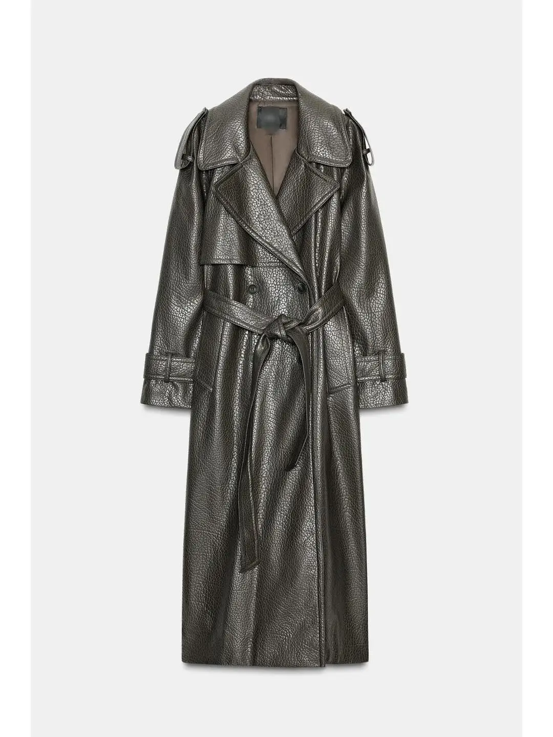 Autumn Faion Belt Decorative Double Flap Button Closure Faux Leather Effect Coat Outerwear Long Sle for Young Women