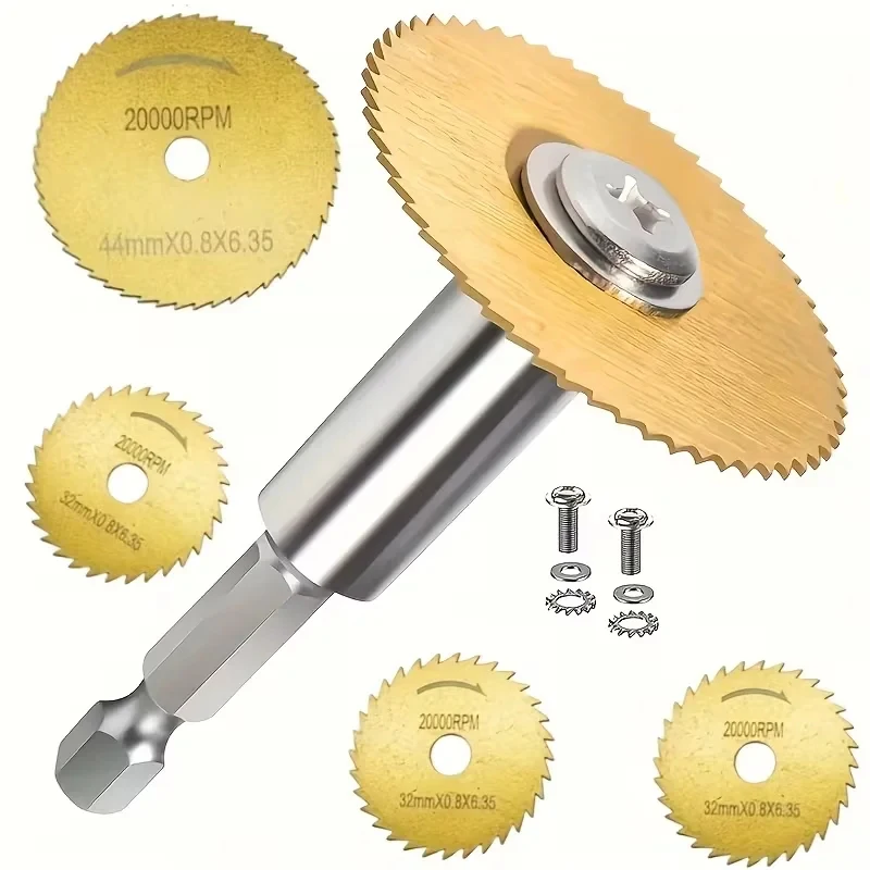7Pcs Hex Shank HSS Saw Blade Set Titanium Coated 32mm Dia 6.35mm Thick Cutting Disc for Wood Metal Concrete Tile Stone Glass Pla