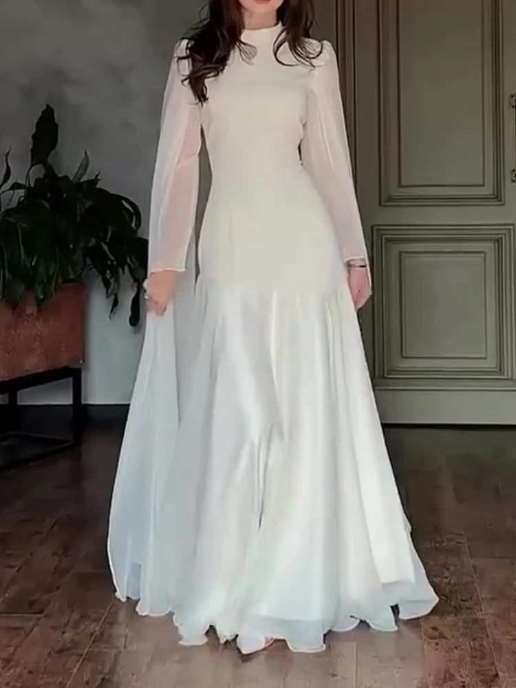 Elegante Halb Hight Kragen Solide Abendkleid Frauen Casual Cape Langarm Kleider Dess Mode Spleißen Taille Dünne Lange Kleider