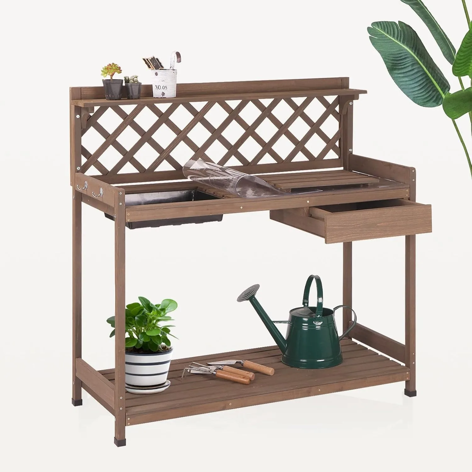 Bench Potting Table Potting Benches for Outside 44 Inch Fir Wood Garden Station Garden Table PVC Layer Storage