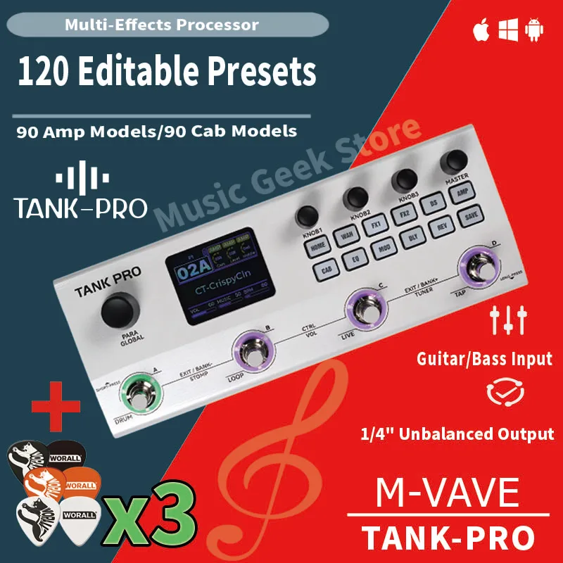 M-VAVE TANK PRO Guitar Multi-Effector Pedal W/Free Picks, AI Neural Modeling, 120 Presets, 300+ FX, IR Load, Looper, XLR, OTG