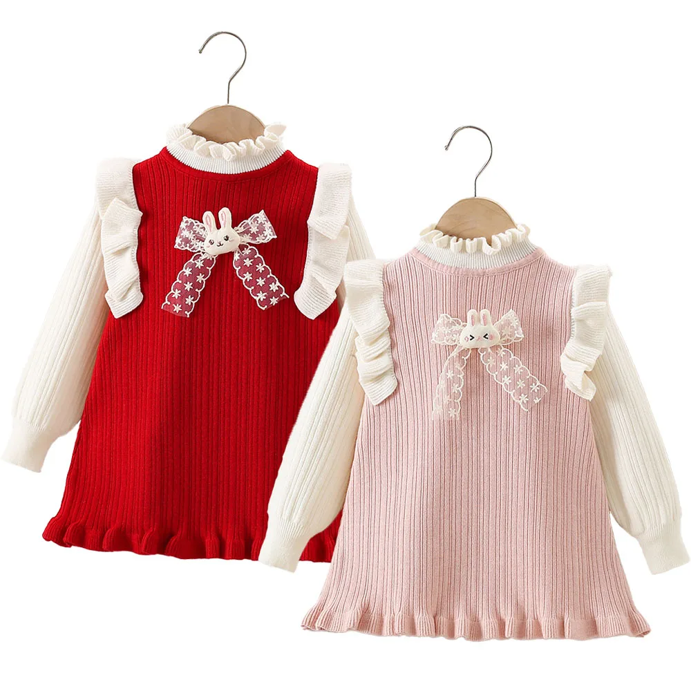 Autumn Winter Girl Dress Knit Baby Toddler Girls Clothes Turtleneck Sweater Dresses Cartoon Cute Rabbit Kids Children Outfit