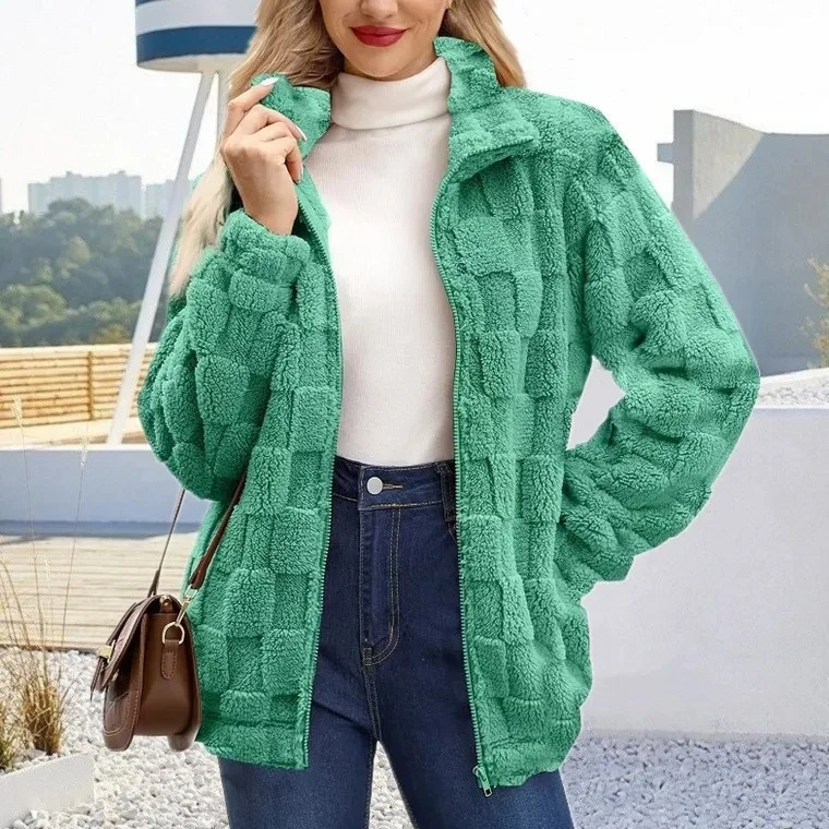 

Moletom Femininos Clothing Swetry Winter Warm Stand Collar Solid Color Women's Pocket Zipper Jacquard Plaid Plush