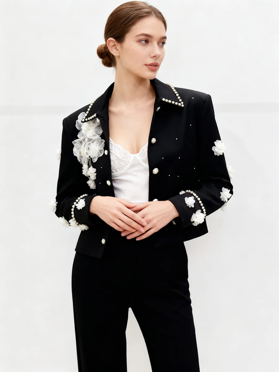 TWOTWINSTYLE Solid Loose Spliced 3D Flower Casual Jackets for Women Lapel Long Sleeves Patchwork Bead Fashion Jacket Female New