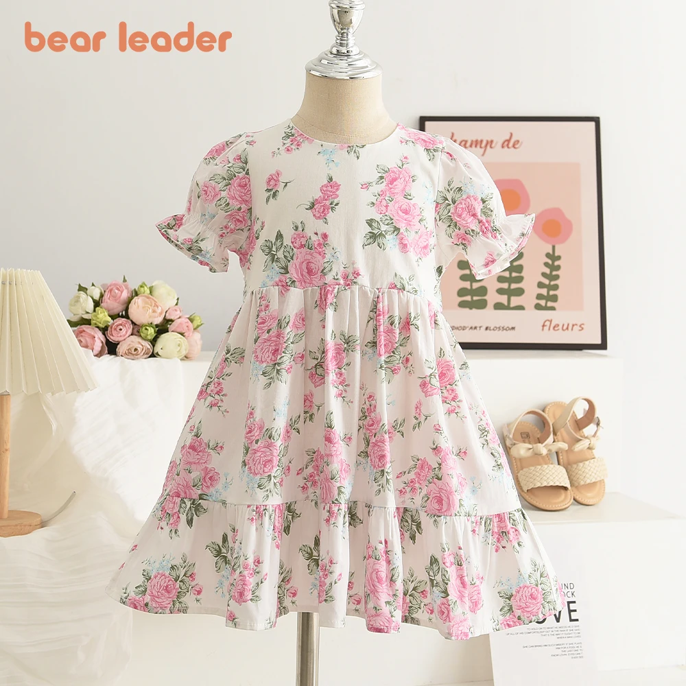 Bear Leader Girl Princess Flower Dress Puff Sleeve Toddler Summer Flower Tutu Mesh Vestido Party Pageant Birthday Baby Clothes