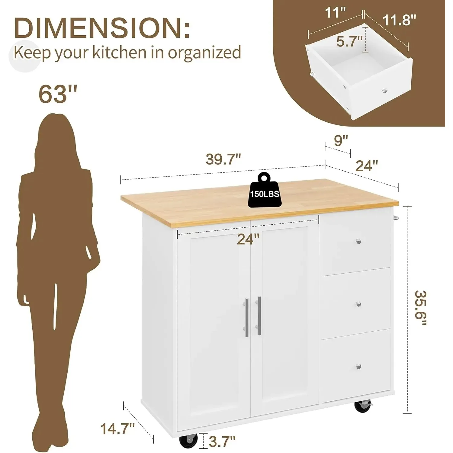 Kitchen Island on Wheels with Storage Cabinet & Foldable Drop Leaf, Rolling Kitchen Table, Cart Handle for Towel Rack