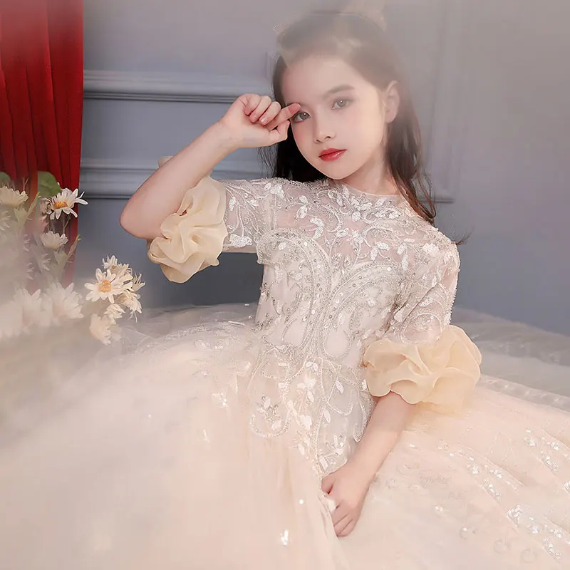 Little Girls Communion Tulle Sequin Dress Flower Girls Bridesmaid Wedding Dreses Teen Girls Very Elegant Evening Party Gown