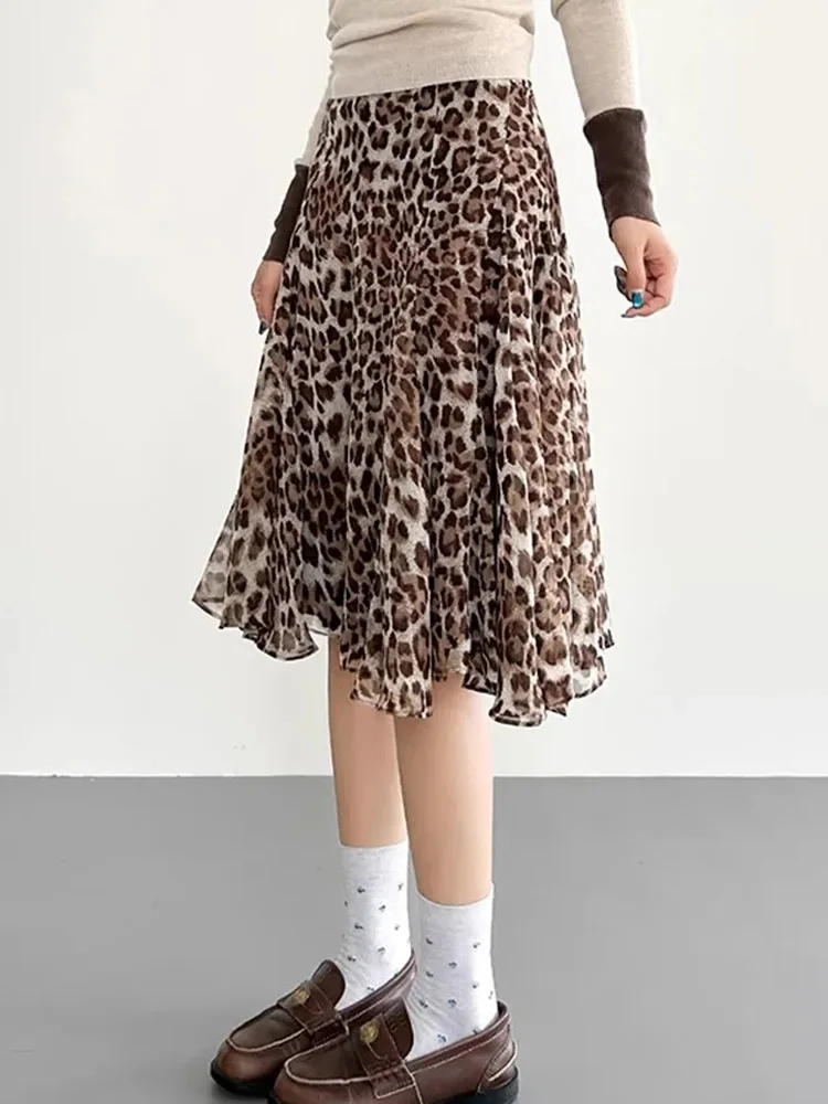 Streetwear Y2k Leopard Skirt Women Vintage American Loose High Waist Midi Skirts Spring Summer Retro Harajuku Mermaid Skirt New
