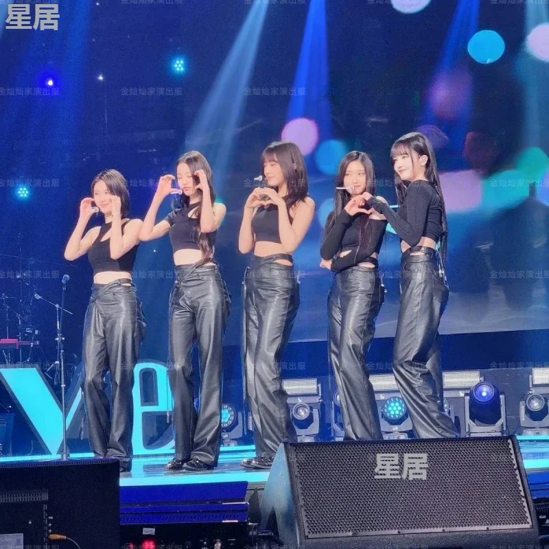 Kpop Women Group Street Dance T-shirt slim Crop Top Pantaloni in pelle Costume di scena Femal Festival Rave Wear Abiti da concerto sexy