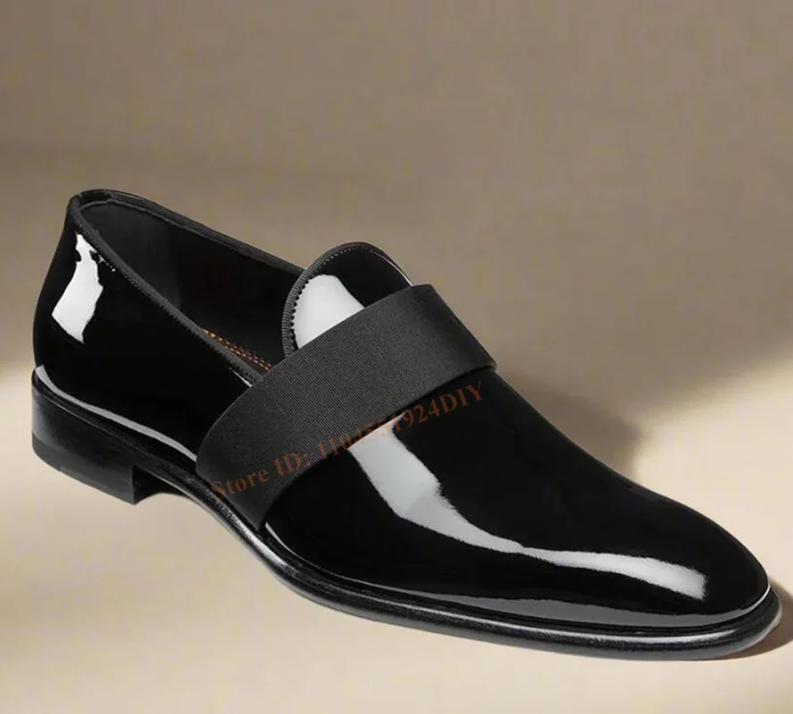 

Black Patent Loafer with Stretch Band Square Toe Slip On Man Casual Shoes Plus Size 47 Loafers