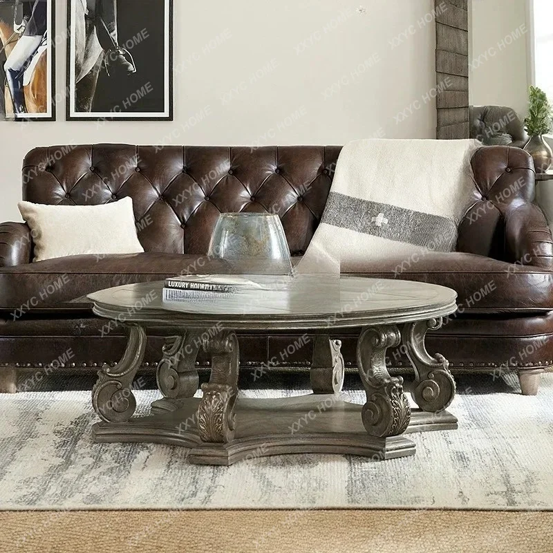 XX country solid wood carved round coffee table
