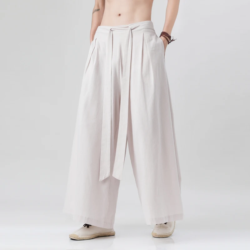 

2024 Spring Men Chinese Style Cotton Linen Harajuku Pants Men Kung Fu Kimono Trousers Male Street Wushu Wide Leg Pants Bottom