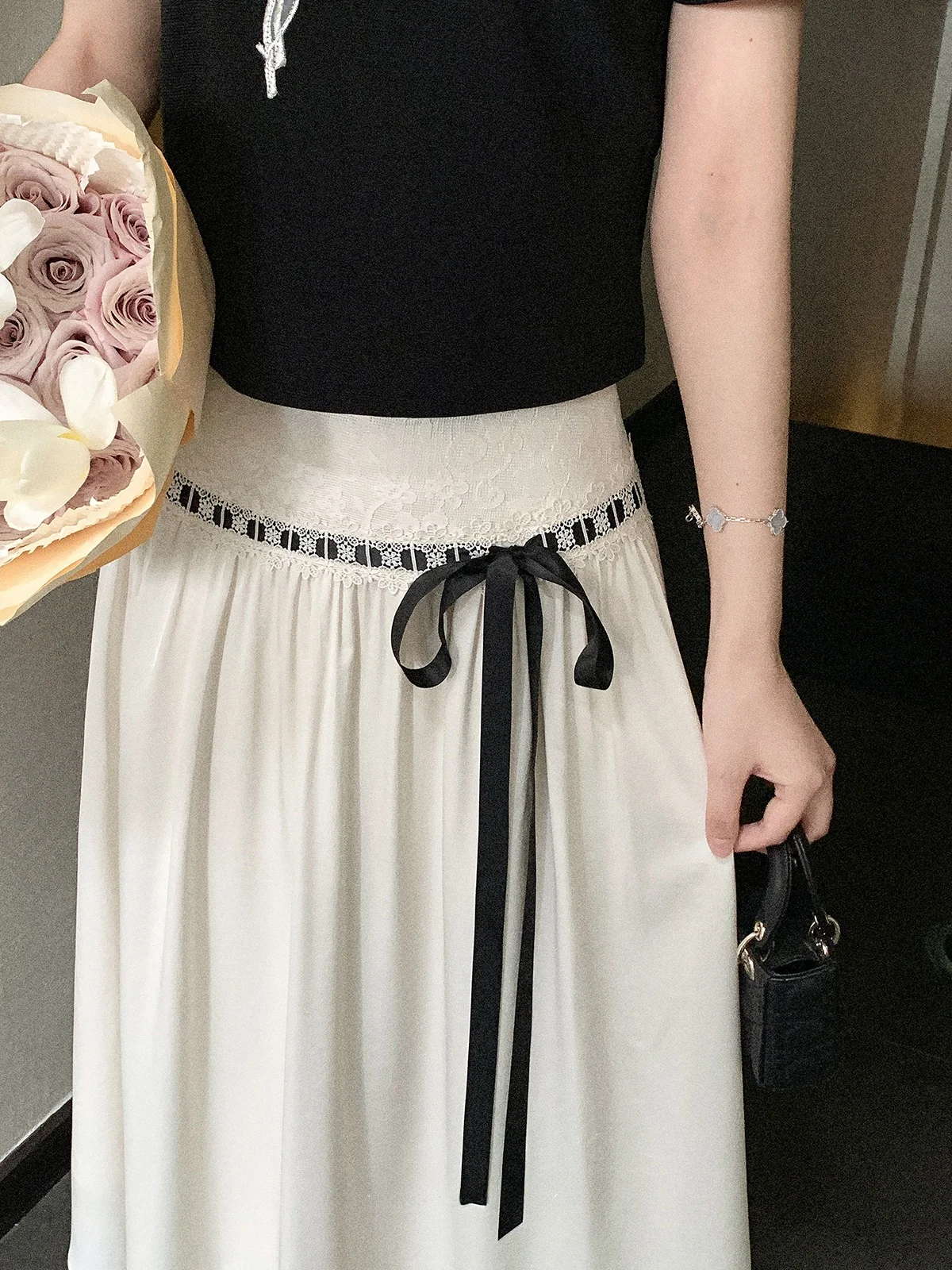 

Юбка А-силуэта с высокой талией и кружевным поясом, летняя женская модная повседневная юбка средней длины от Deer Auntie Zhuo Uncle