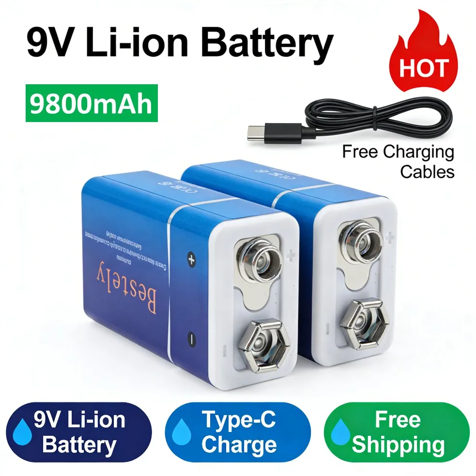 Rechargeable 9V Battery, 9800mAh Large Capacity 9 Volt Li-Ion Batteries Charge with Type-C Cable, for Smoke Detector,Fire Alarm