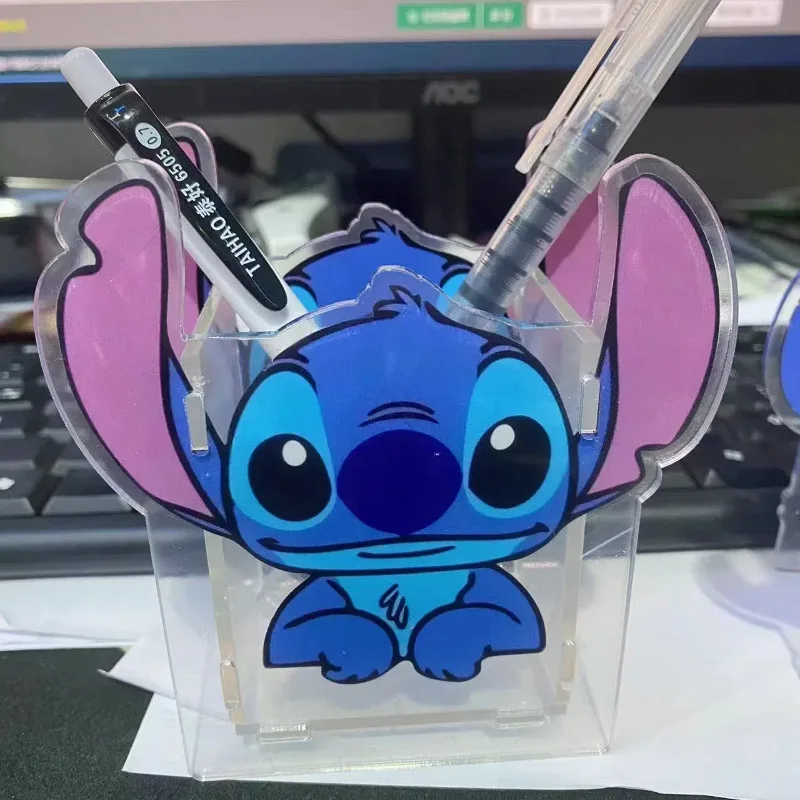 Stitch ผู้ถือปากกาอะคริลิคน่ารักการ์ตูนโต๊ะสําหรับอุปกรณ์สํานักงานโรงเรียนสไตล์เรียบง่ายเครื่องเขียนคอนเทนเนอร์