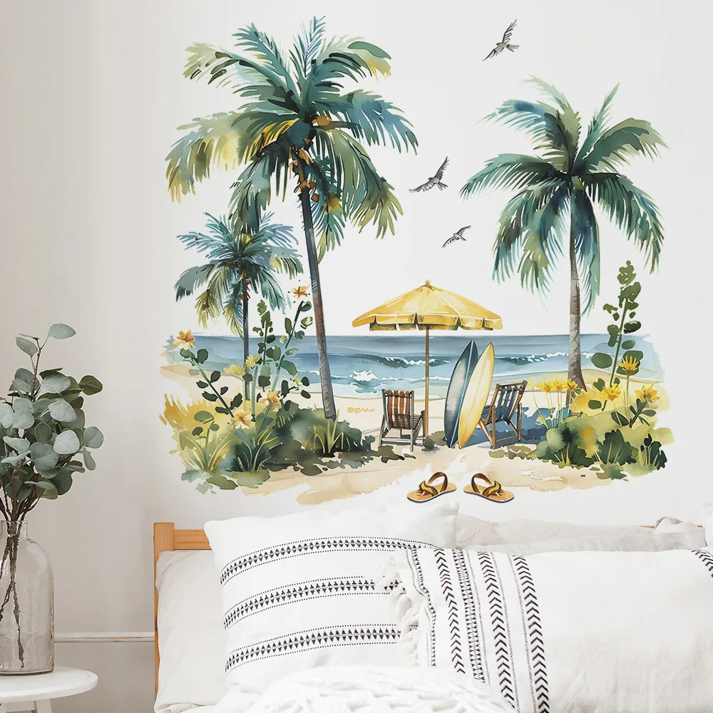 Colored Summer Beach Coconut Trees Wall Stickers Living Room Background Decor Decals Bedroom Home Decoration Self-adhesive Mural