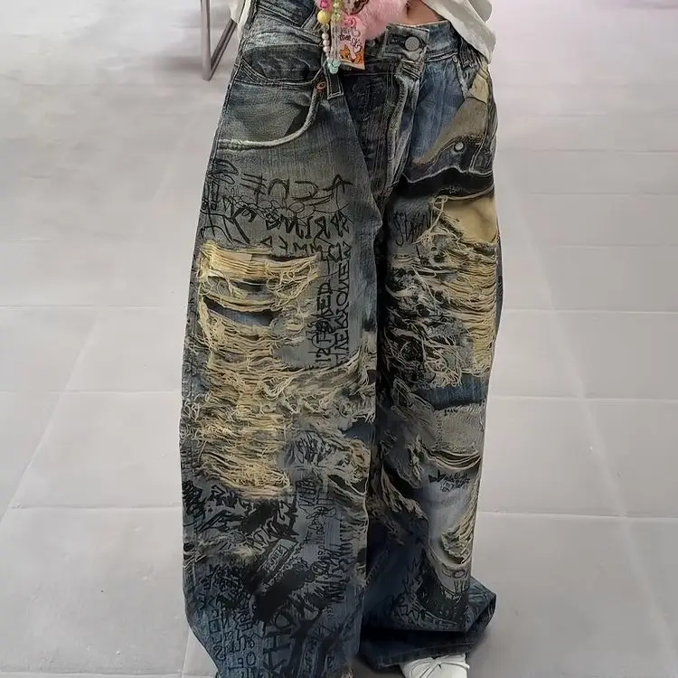 بنطلون جينز أمريكي عالي الشارع جديد ذو فتحة كبيرة مصبوغ قذرًا للسيدات Y2K Harajuku Punk سروال سبايس جيرل مطبوع عليه ألوان ممتد