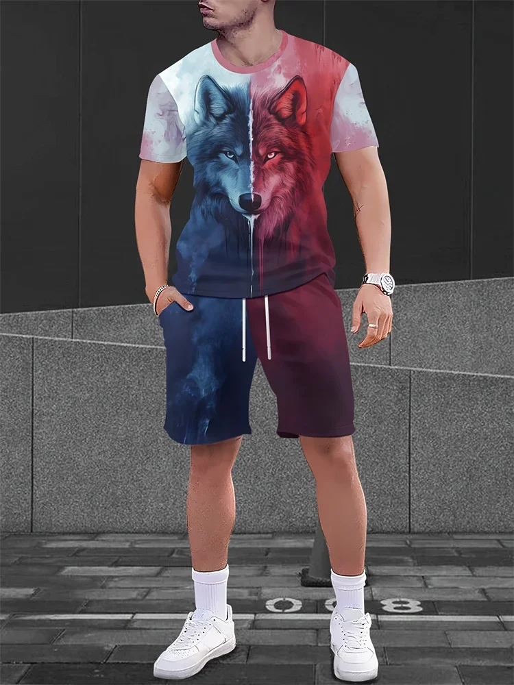 2025 new men's summer short sleeved T-shirt set with animal eagle print personalized shorts casual outdoor set