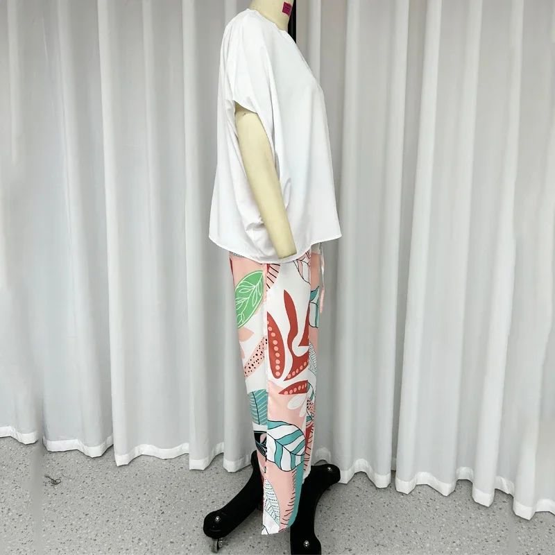 2024 Two-piece Summer Casual Solid V-neck Batwing Sleeve Loose Top with Wide Legs Printed Stretch Waist Pant Suit Streetwear