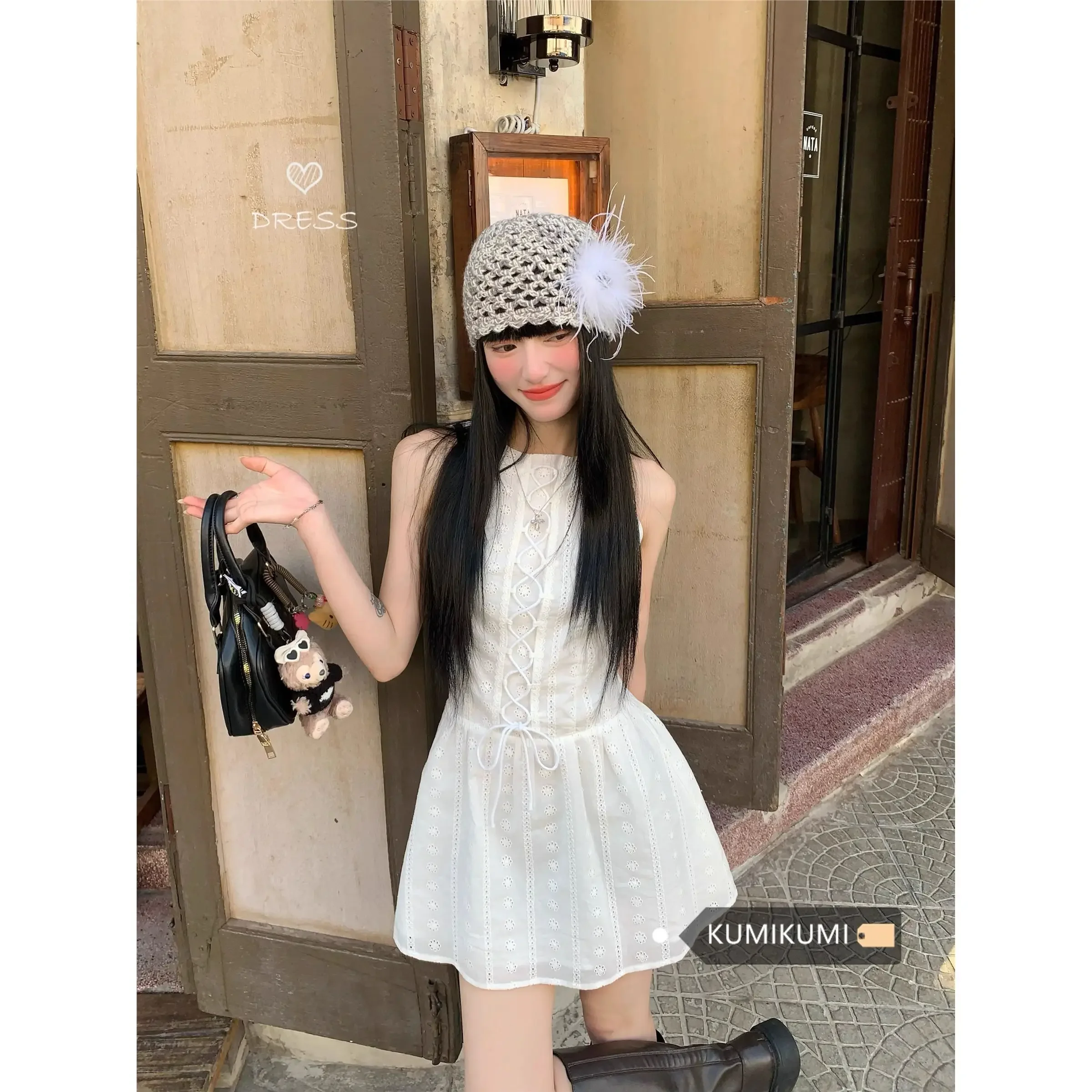 

Heavy Embroidery Hollow Out Sleeveless Dress for Women, Summer Chic Cross Strap Short Skirt