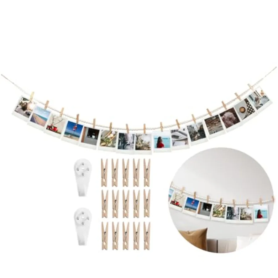 Hanging Photo Display Wall Decor with 15 Wood Clips, 67In Boho Wooden Bead Garland Collage Picture Frame Photos String DIY, Pho