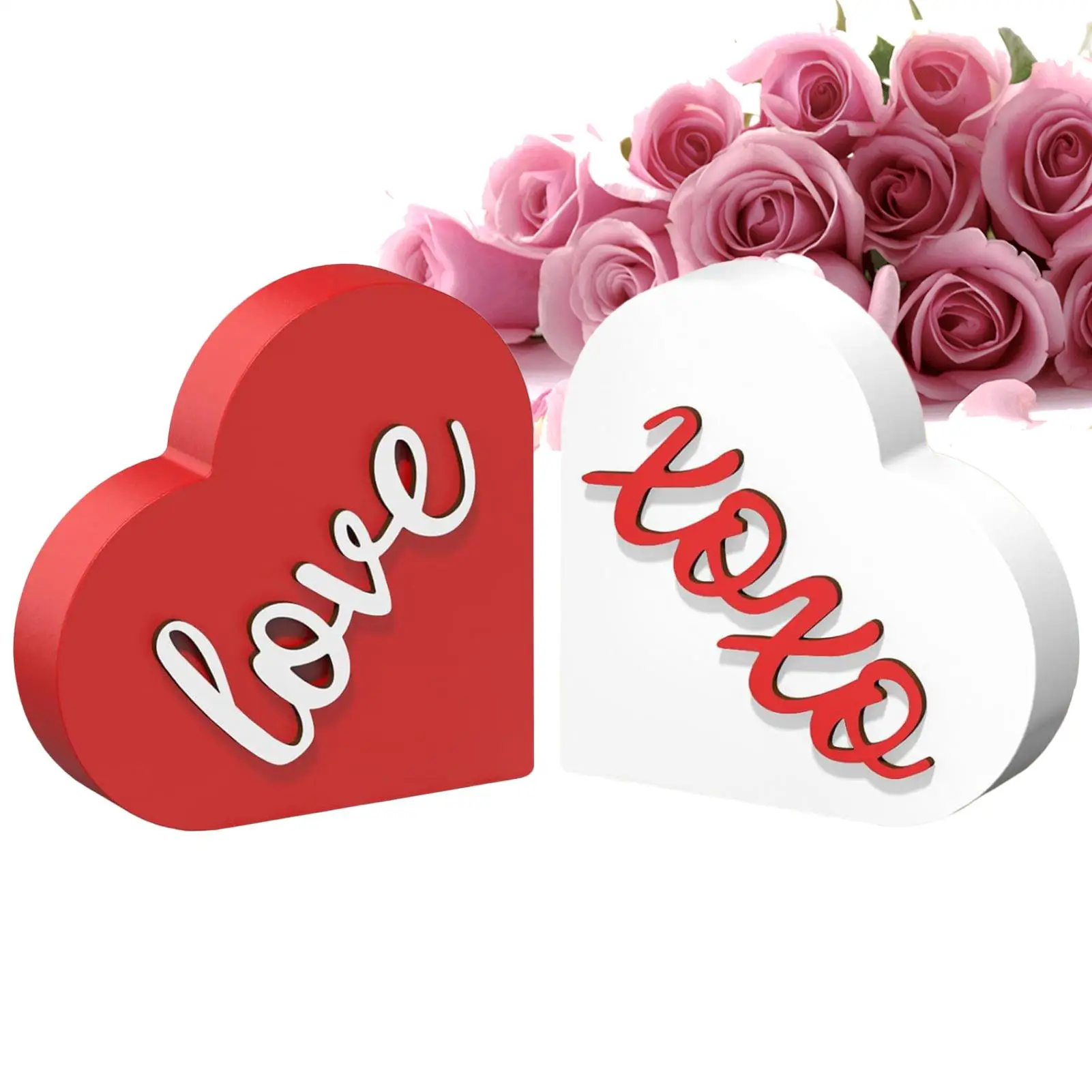 2PCS Valentine's Day Wooden Sign Decoration Heart Shaped Table Centerpieces Desktop Ornament Home Couple Love Crafts
