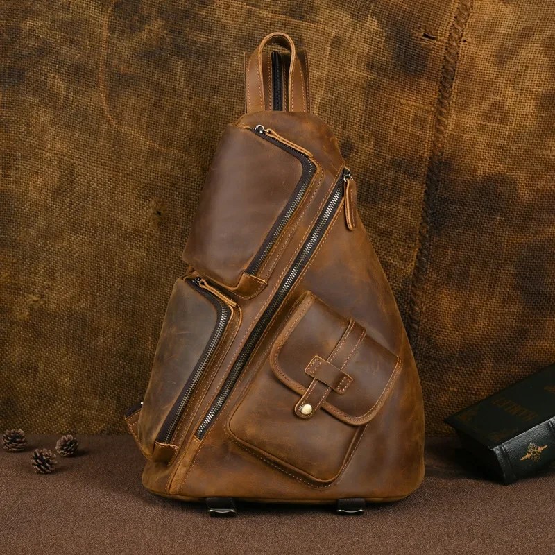 

Vintage Crazy Horse Genuine Leather Backpack for Men - Large Cowhide Rucksack with Multiple Compartments, Retro Travel Bag
