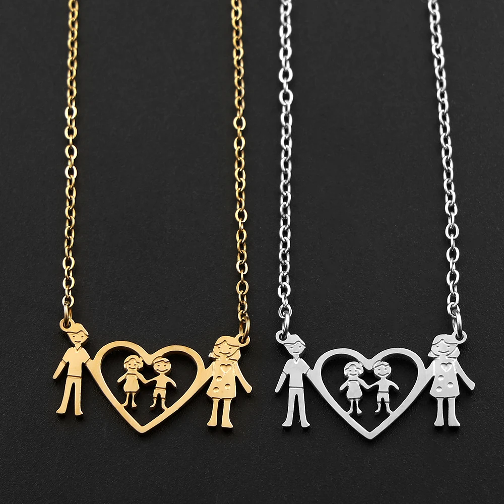 Stainless Steel Girls Boy Family Necklace Gold Color Heart Pendant Necklaces Mother's Day Jewelry Accessories Gift For Women Mom