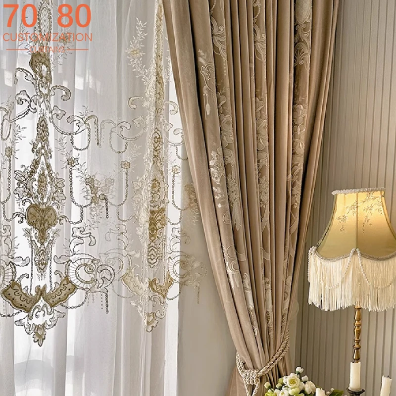 

Customised Lace Embroidery Milk Tea Coloured Velvet Curtains for Living Room Bedroom Balcony Embroidered Curtains Villa Curtains