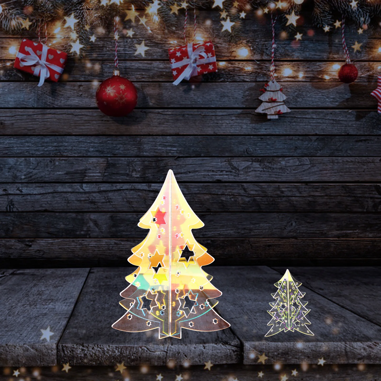 

8Pcs Acrylic Tabletop Christmas Tree Iridescent Small Holographic Centerpieces for Mantel Tiered Tray Office Holiday Decoration