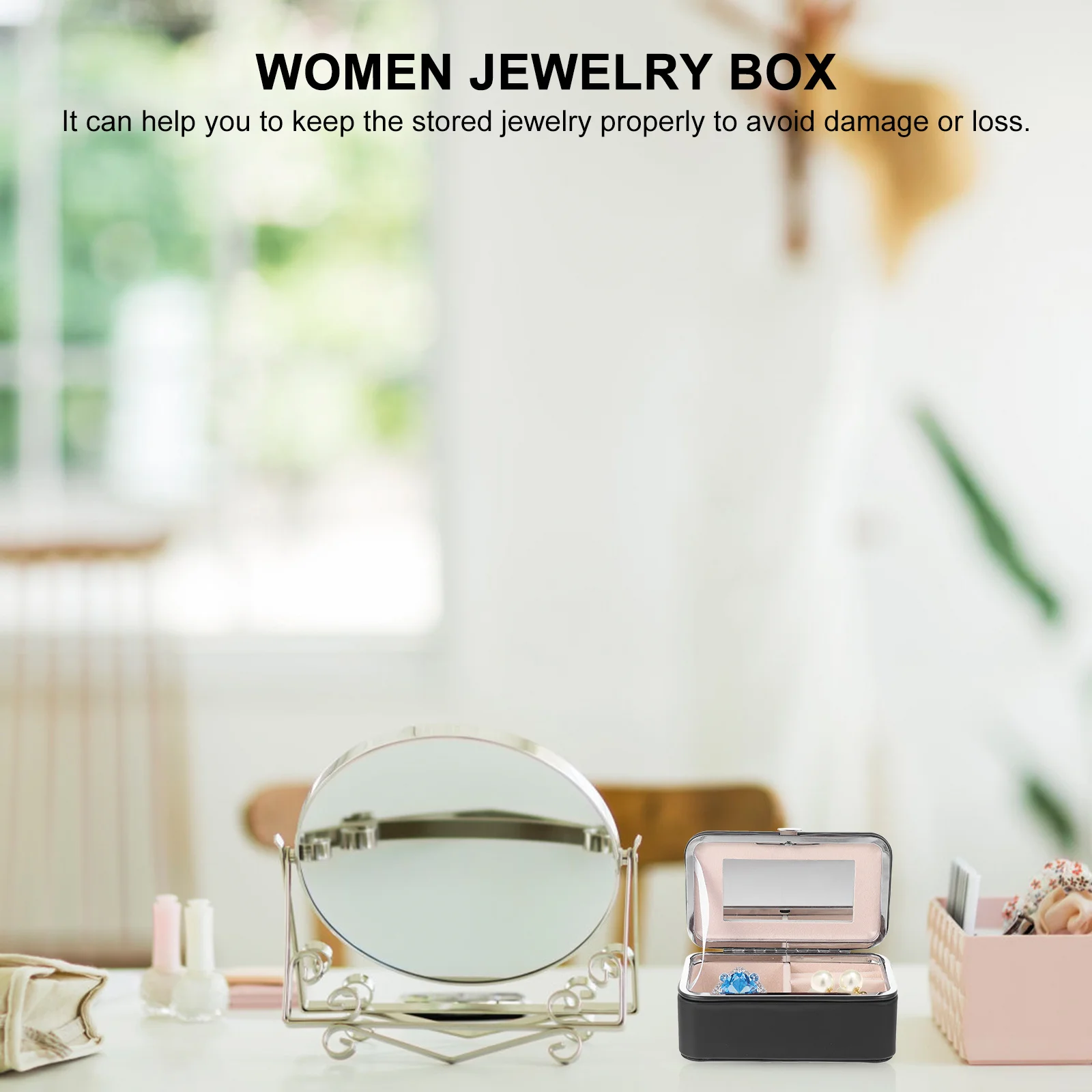 Kotak Perhiasan Portabel dengan Cermin, Organizer Perhiasan Kecil untuk Cincin, Anting, Kalung, Tempat Penyimpanan Perhiasan Ringkas untuk Wanita