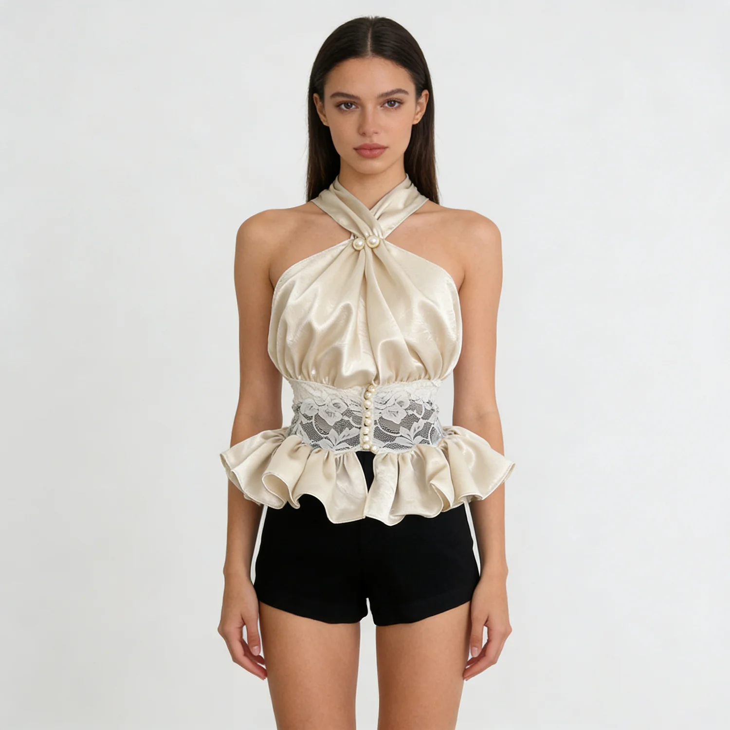 NOVA 2026 Party Wear Women's Satin Peplum Blouse with Lace Waist & Pearl Accents Halter & V-neck