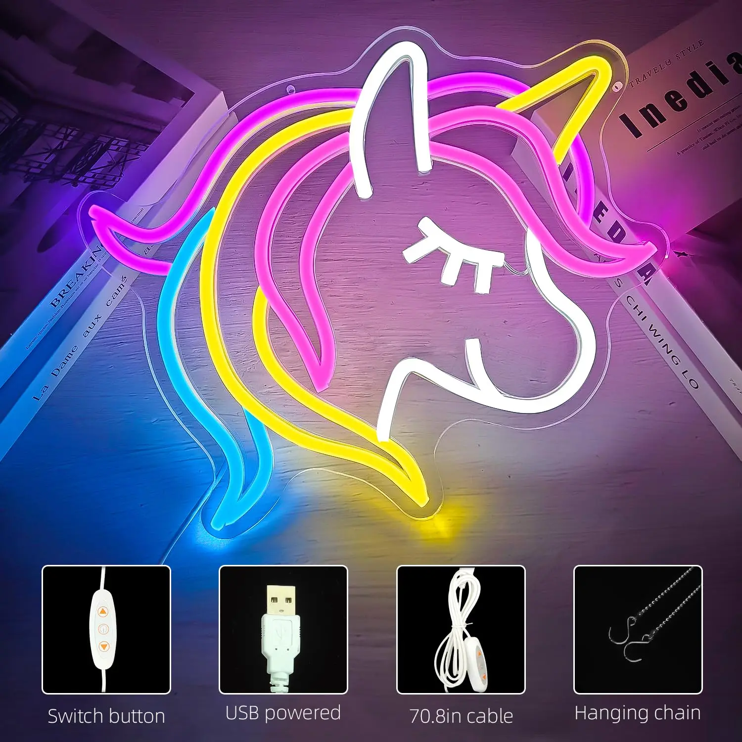 Unicorn Neon Sign LED USB Dimmable Wall Light for Nursery, Playroom, Bedroom & Party Decor
