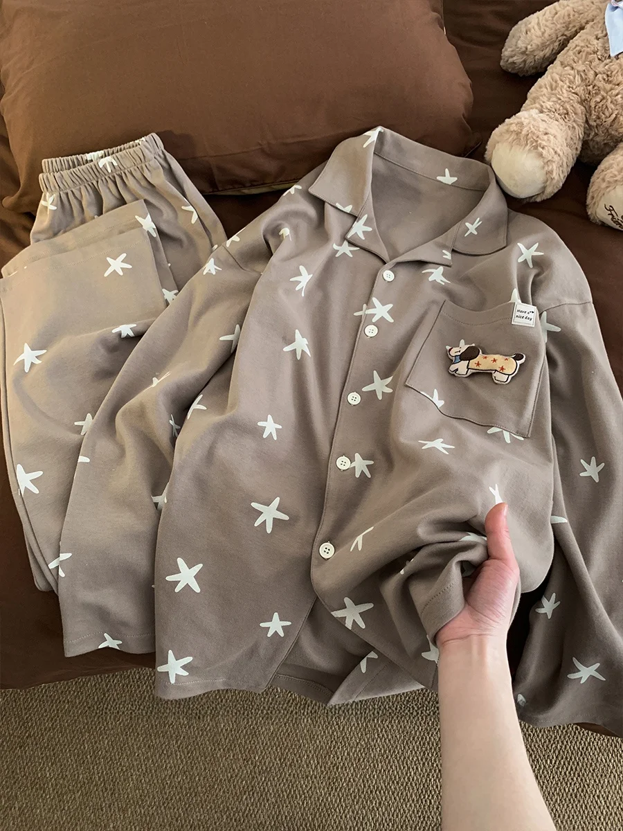 クールな漫画犬柄の純綿スリープウェア、メンズシャツカラー、春の外出着、ホームウェア、長袖、快適なソフトコットンパジャマ