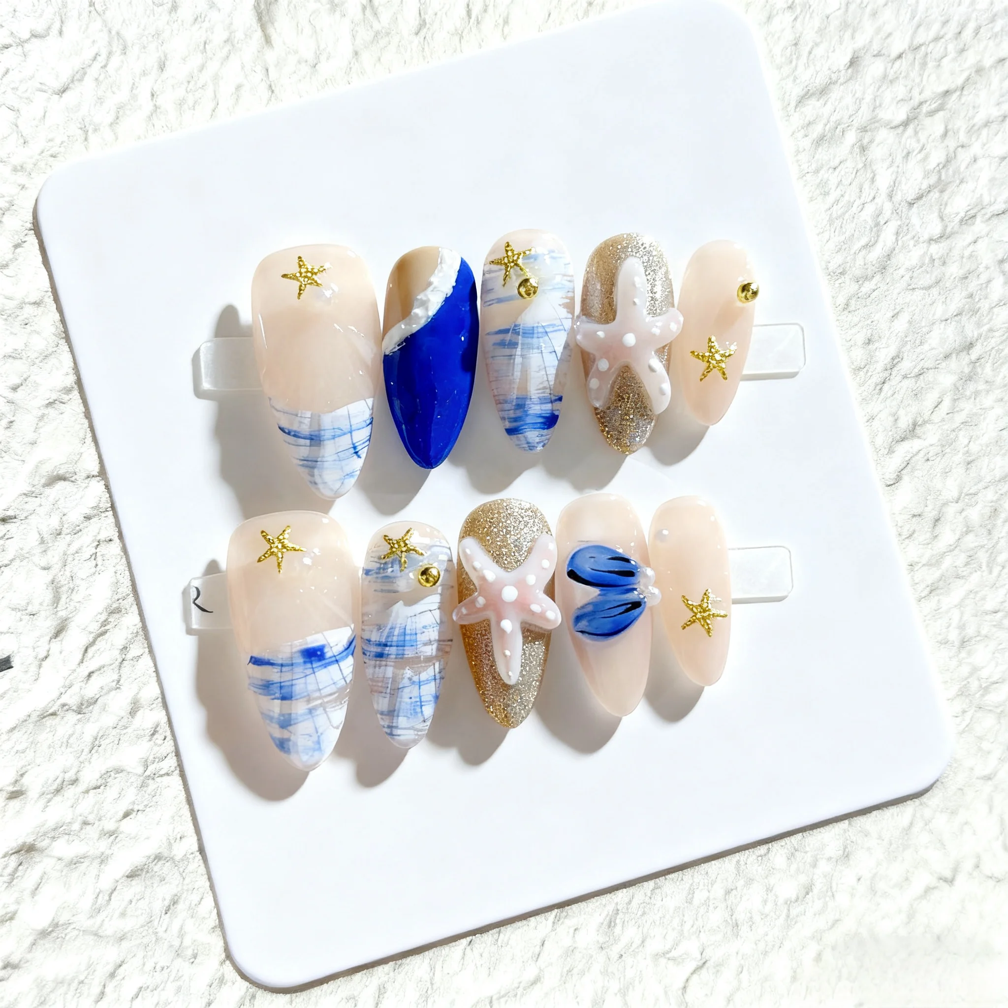 

10Pcs Handmade Almond Press on Nails Art with 3D Starfish Design Fake Nail Summer Ocean Manicur Artificial Nail네일팁 for Girl
