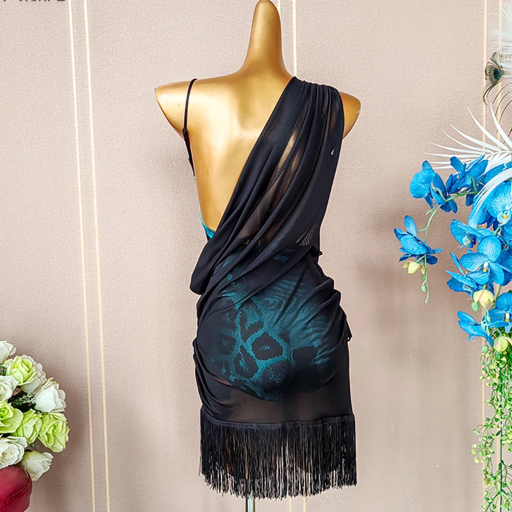 Сексуальное платье для латинских танцев Samba, женские брюки с кисточками, рубашка на бретельках, костюм для танго, леопардовое платье с открытой спиной, GB, тренировочное платье