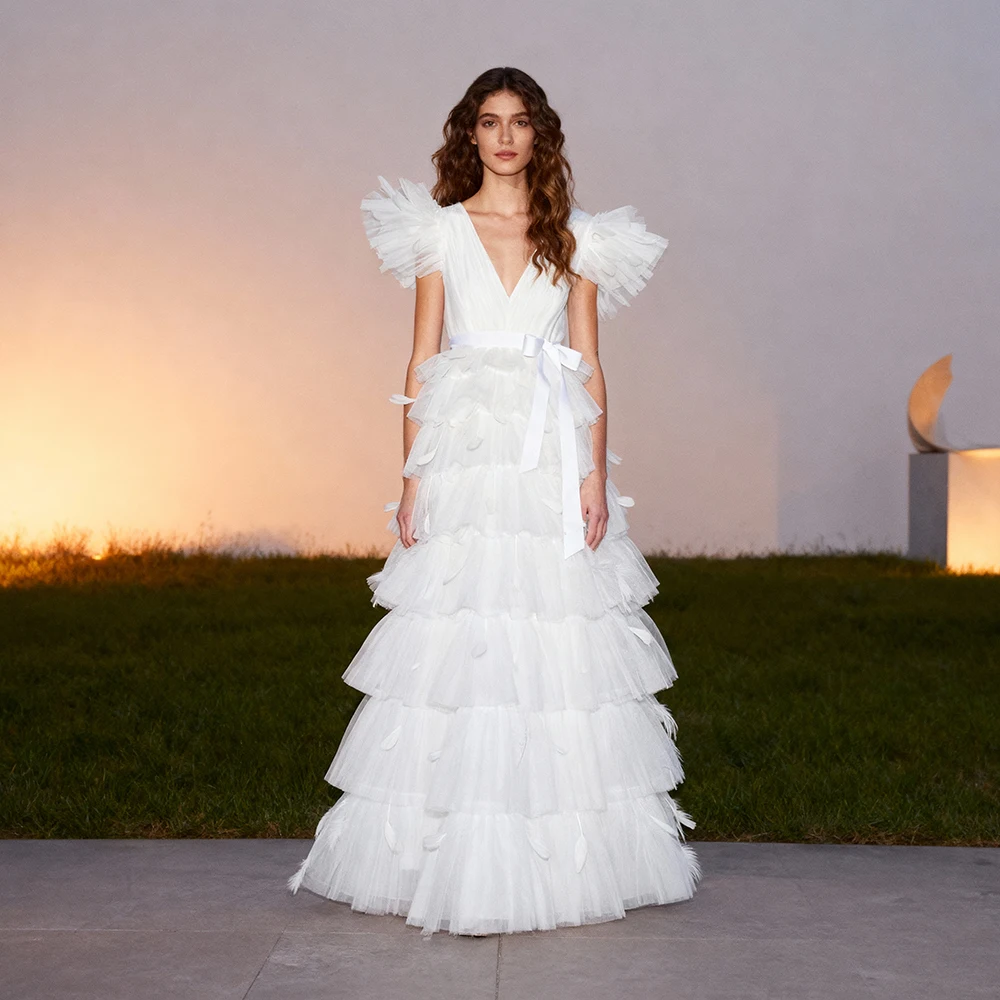 

V-образный вырез, тюль, многоуровневое трапециевидное свадебное длинное платье для фотосессии, элегантные платья в стиле бохо, макси-свадебные платья для вечеринок