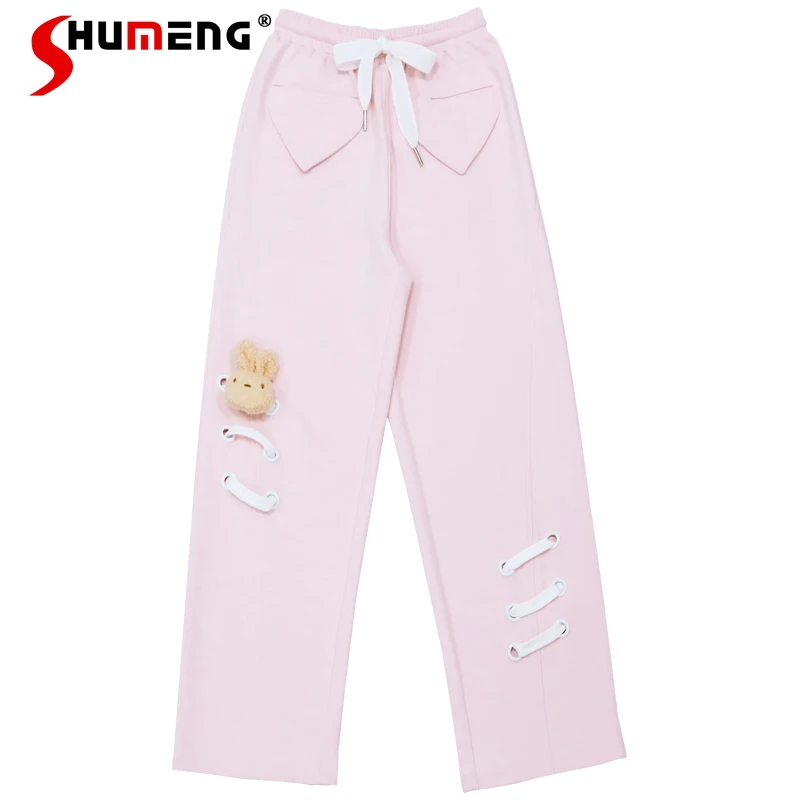 2023 Autumn Girl's Love Pocket Air Eye String Cartoon Head Loose Trousers Wide Leg Loose Pants Sweatpants Women Pink White Pants