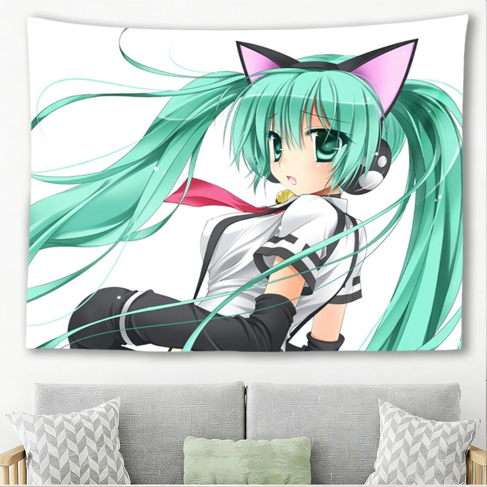 Kawaii Green Twin Tail Anime Girl Tapestry Cat Ear Headset Virtual Singer Character Print Polyester Wall Hanging Decor Cloth