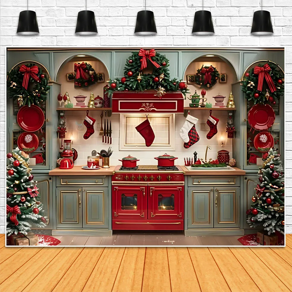 모시카 크리스마스 주방 사진 배경, 레트로 그린 캐비닛, 크리스마스 트리 화환, 가족 초상화 배경, 포토콜 소품