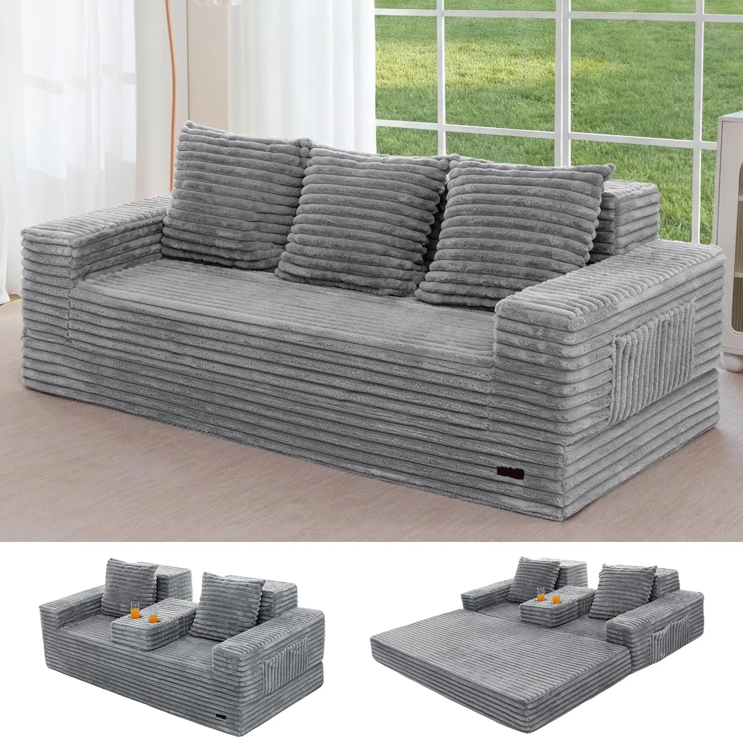 80-Inch Boneless Loveseat Sofa With Cup Holders, Grey Striped 4-in-1 Convertible Floor Chair No Assembly, Customized