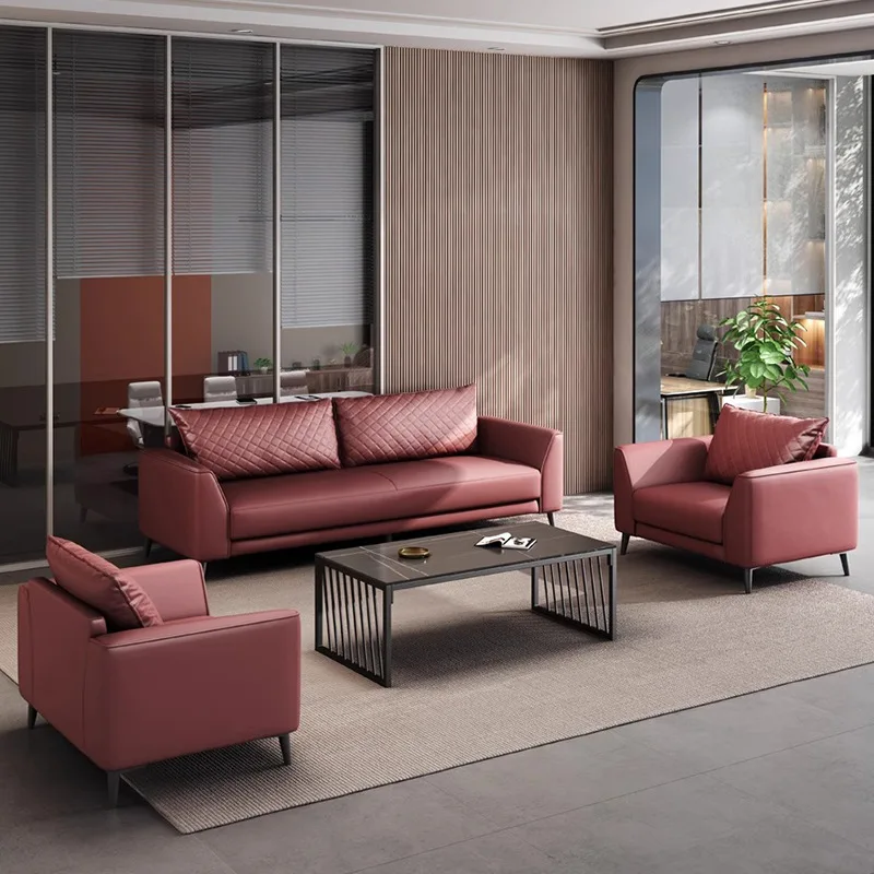 ！@Monovel Simple Modern Commercial Reception Negotiation Area Office Red Microfiber Leather Sofa Coffee Table Set High-Density